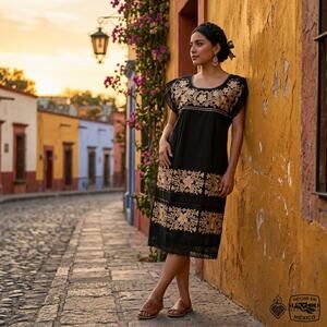 Mexican black tunic dress day of the dead ONE SIZE  39 LENGH 22 wide